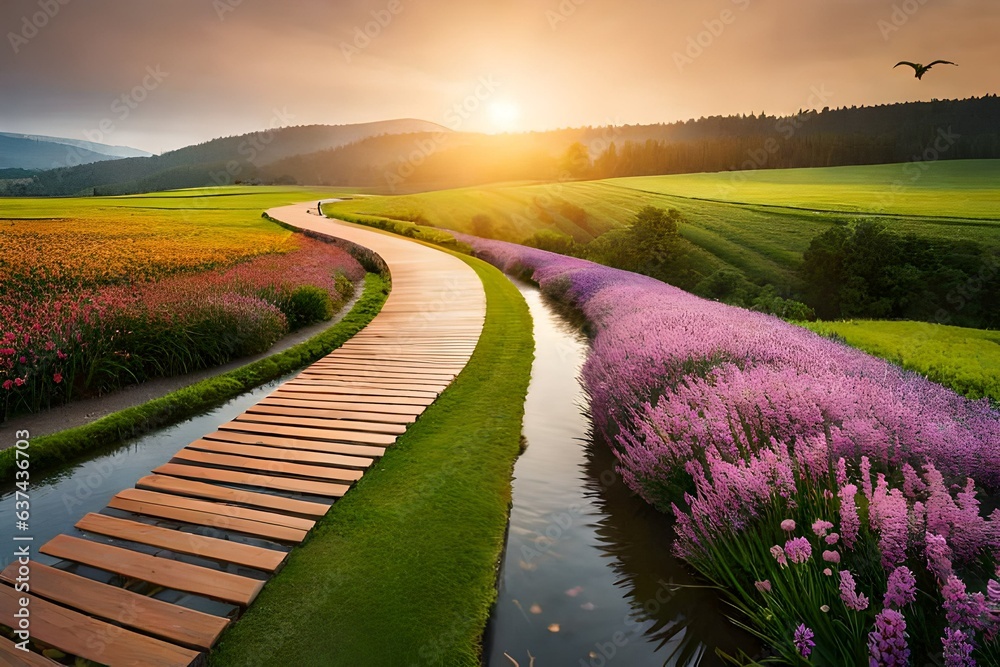 path in lavender field in the morning