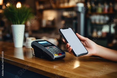 Customer using phone for payment at cafe restaurant, Contactless Payment or QR code payment technology photo