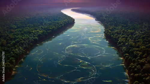 aerial view of river in the forest.Generative Ai