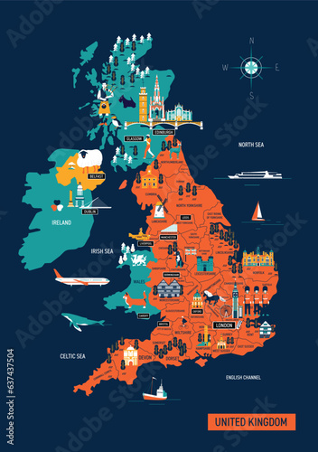 Vector illustration of Great Britain map with landmarks, destinations and cities, road map. England culture set, famous architectures and specialties. Business, tourism concept clipart, icon, gb.