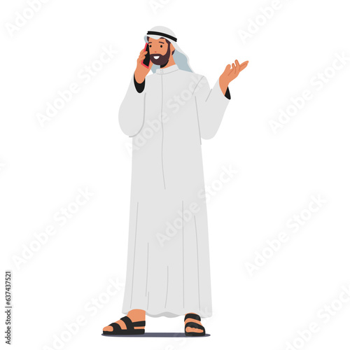 Arab Muslim Businessman Character Conversing On Mobile Phone, Discussing Deals And Making Connection Vector Illustration
