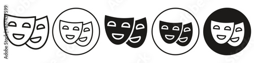 Tragedy Comedy mask icon. Symbol of tragical  happy face emotion in circus or theater shows humor acting by giving smile. Vector set of comic mood artist doing entertainment laugh.