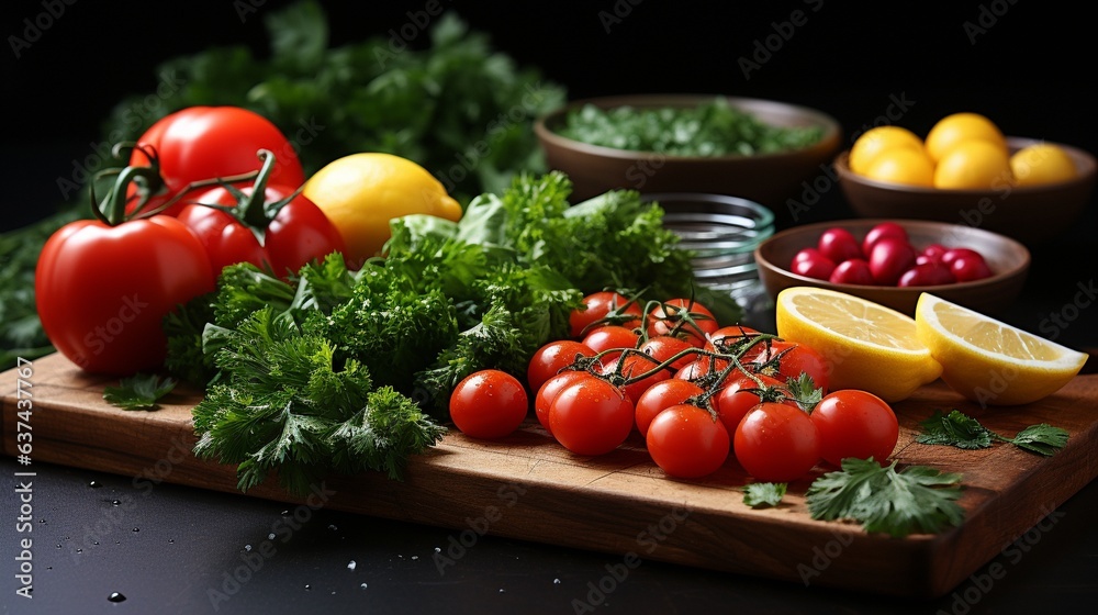 veggie bowls and a wooden cutting board. veggie bowls and a wooden cutting board.