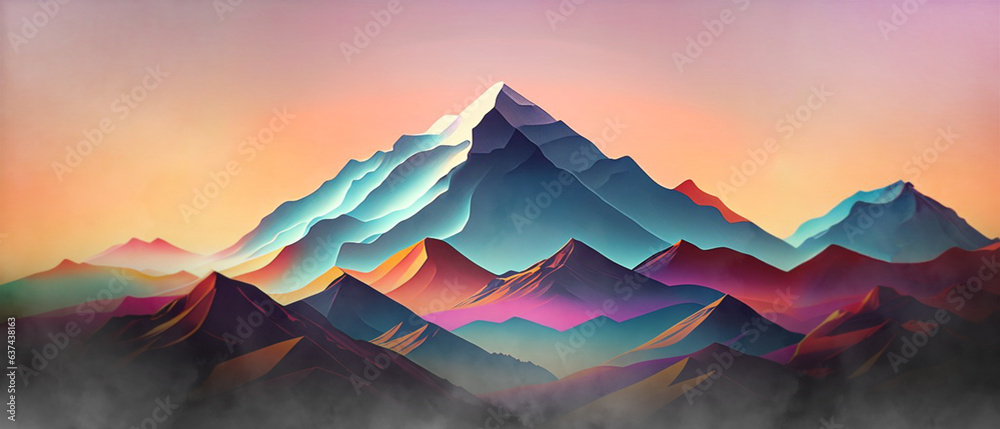Abstract background. Natural view of the mountains with the light of sunset with clouds and fog on morning of a summer tourist trip. 3D Rendering, Illustration, fantasy, digital art Abstract background. Natural view of the mountains with the light of sunset with clouds and fog on morning of a summer tourist trip. 3D Rendering, Illustration, fantasy, digital art