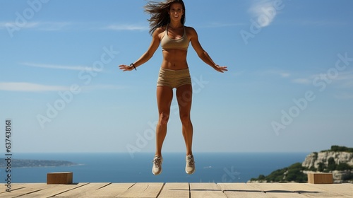 Young woman jogging on a skyless backdrop.