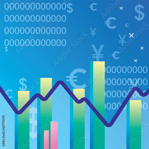 Creative infographics in the form of pedestals on which the world currency against the background of the growth and fall of the stock exchange. Vector for describing SMM and banners for an exchange