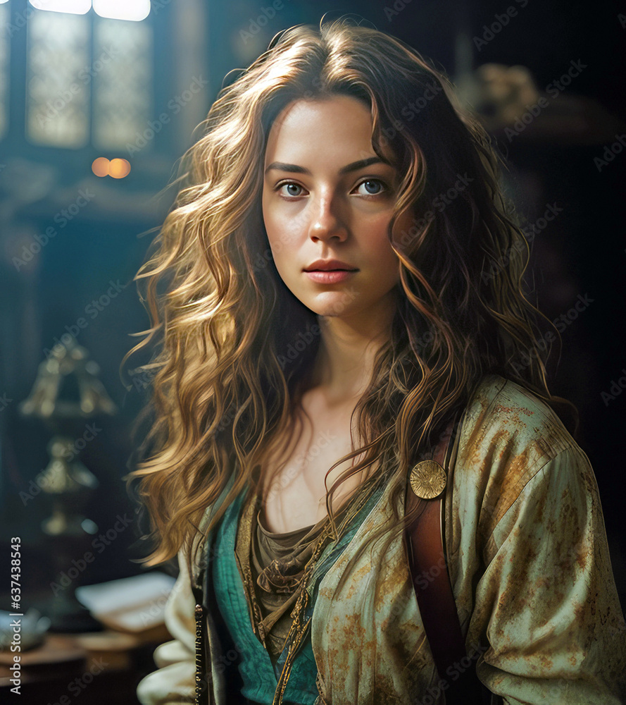 Portrait of a serious woman in tatty old vintage clothes inside a church or large hall Portrait of a serious woman in tatty old vintage clothes inside a church or large hall