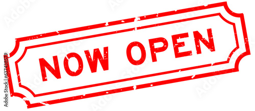 Grunge red now open word rubber seal stamp on white background