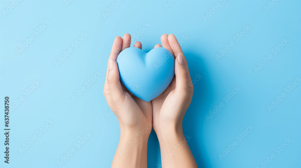Woman hands holding blue heart, Happiness moment, Health care, wellness, donate and family insurance concept, World heart day, Health day, Hope, Gratitude, Kindness, Valentine's Day. Generative AI.