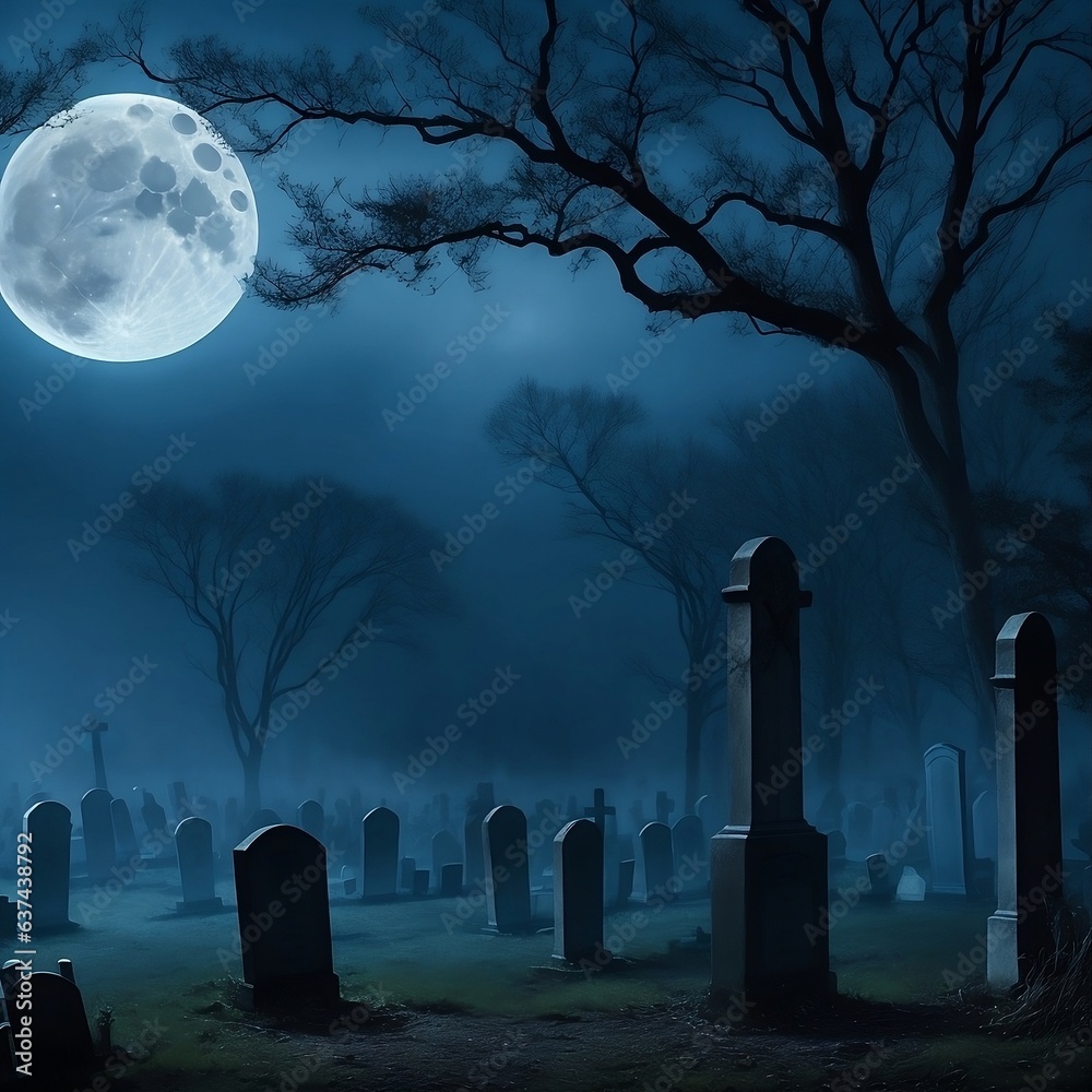 Midnight Haunted Graveyard with Enshrouded Tombstones and Spooky Moonlit Shadows