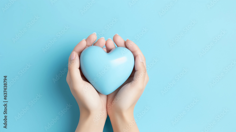 Fototapeta premium Woman hands holding blue heart, Happiness moment, Health care, wellness, donate and family insurance concept, World heart day, Health day, Hope, Gratitude, Kindness, Valentine's Day. Generative AI.