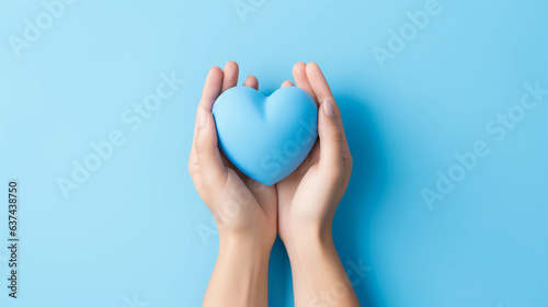 Woman hands holding blue heart  Happiness moment  Health care  wellness  donate and family insurance concept  World heart day  Health day  Hope  Gratitude  Kindness  Valentine s Day. Generative AI.