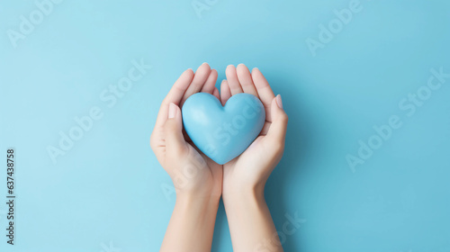 Woman hands holding blue heart, Happiness moment, Health care, wellness, donate and family insurance concept, World heart day, Health day, Hope, Gratitude, Kindness, Valentine's Day. Generative AI.