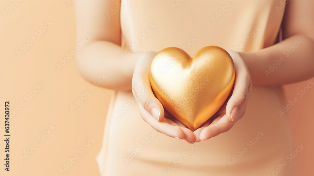 Woman hands holding gold heart, Happiness moment, Health care, wellness, donate and family insurance concept, World heart day, Health day, Hope, Gratitude, Kindness, Valentine's Day. Generative AI. Woman hands holding gold heart, Happiness moment, Health care, wellness, donate and family insurance concept, World heart day, Health day, Hope, Gratitude, Kindness, Valentine's Day. Generative AI.