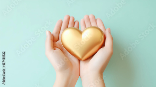 Woman hands holding gold heart, Happiness moment, Health care, wellness, donate and family insurance concept, World heart day, Health day, Hope, Gratitude, Kindness, Valentine's Day. Generative AI.