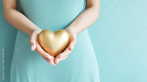 Woman hands holding gold heart, Happiness moment, Health care, wellness, donate and family insurance concept, World heart day, Health day, Hope, Gratitude, Kindness, Valentine\'s Day. Generative AI.