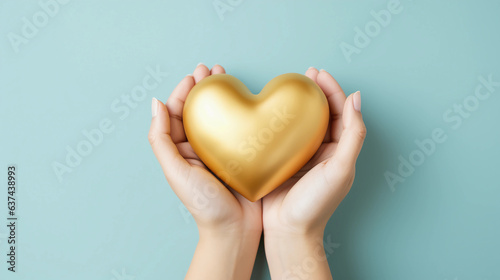 Woman hands holding gold heart  Happiness moment  Health care  wellness  donate and family insurance concept  World heart day  Health day  Hope  Gratitude  Kindness  Valentine s Day. Generative AI.