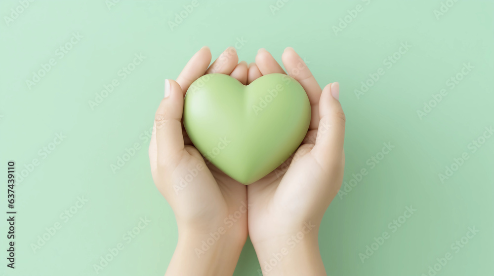 Woman hands holding green heart, Happiness moment, Health care, Save world, donate and family insurance concept, World heart day, Health day, Hope, Gratitude, Kindness, Valentine's Day. Generative AI.