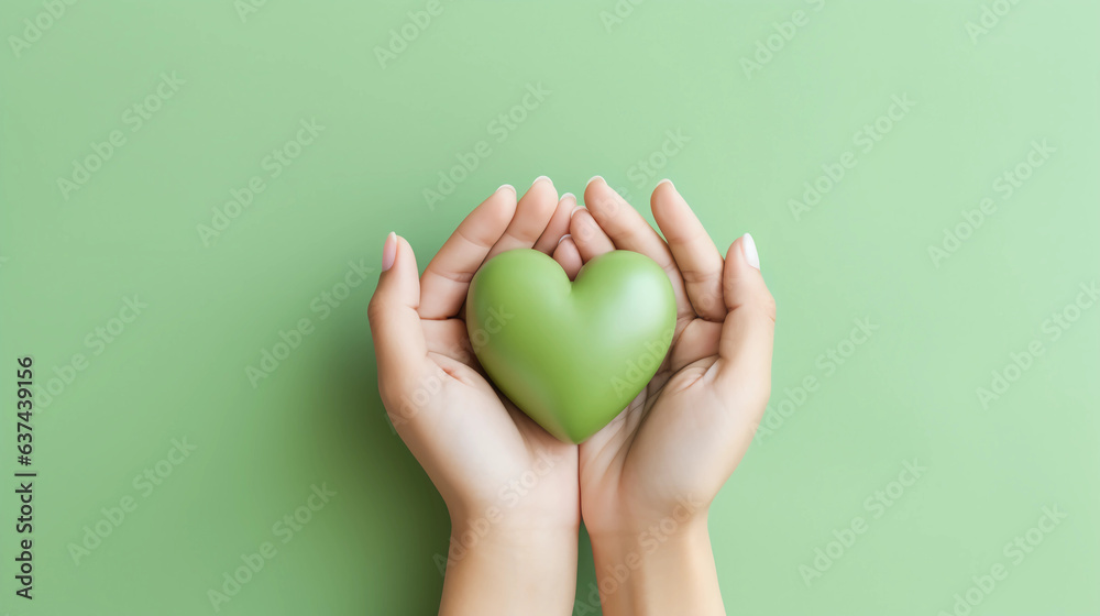 Woman hands holding green heart, Happiness moment, Health care, Save world, donate and family insurance concept, World heart day, Health day, Hope, Gratitude, Kindness, Valentine's Day. Generative AI.