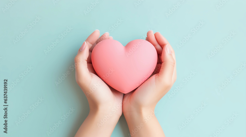 Fototapeta premium Woman hands holding pink heart, Happiness moment, Health care, wellness, donate and family insurance concept, World heart day, Health day, Hope, Gratitude, Kindness, Valentine's Day. Generative AI.