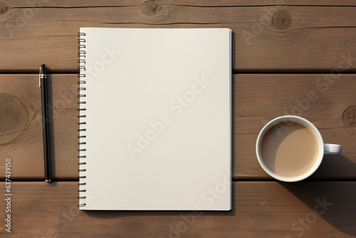 a blank notebook next to a cup of coffee and pencil, in the style of minimalist backgrounds
