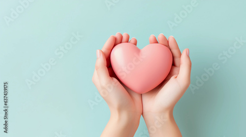 Woman hands holding pink heart  Happiness moment  Health care  wellness  donate and family insurance concept  World heart day  Health day  Hope  Gratitude  Kindness  Valentine s Day. Generative AI.