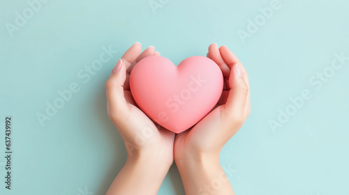 Woman hands holding pink heart, Happiness moment, Health care, wellness, donate and family insurance concept, World heart day, Health day, Hope, Gratitude, Kindness, Valentine's Day. Generative AI.