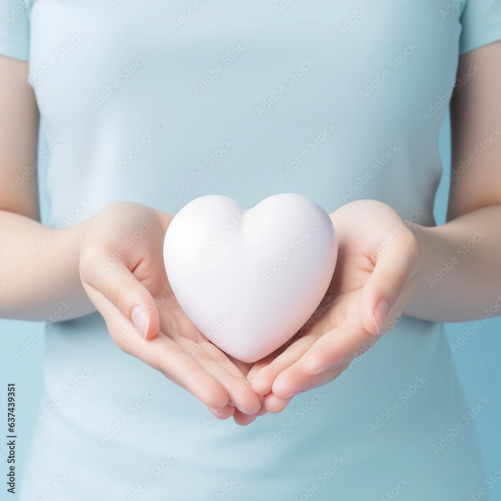Woman hands holding white heart, Happiness moment, Health care, wellness, donate and family insurance concept, World heart day, Health day, Hope, Gratitude, Kindness, Valentine's Day. Generative AI. Woman hands holding white heart, Happiness moment, Health care, wellness, donate and family insurance concept, World heart day, Health day, Hope, Gratitude, Kindness, Valentine's Day. Generative AI.
