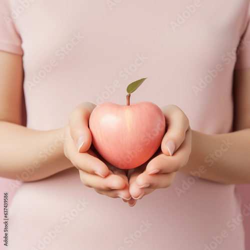 Woman hands holding pink heart, Happiness moment, Health care, wellness, donate and family insurance concept, World heart day, Health day, Hope, Gratitude, Kindness, Valentine\'s Day. Generative AI.