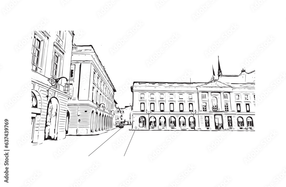 Building view with landmark of Reims is the city in France. Hand drawn sketch illustration in vector.