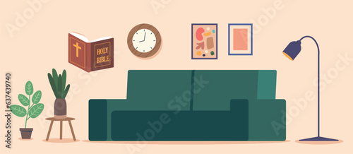 Set of Icons with Room Furniture and Decor. Cozy Sofa, Floor Lamp, Bible Book and Potted Plants, Wall Pictures and Clock