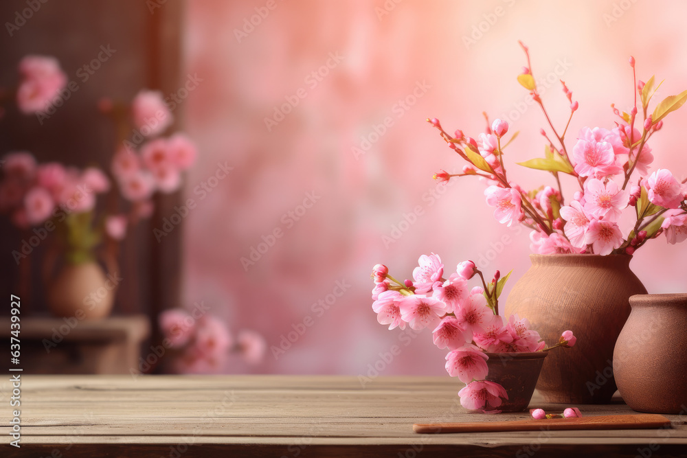 Wooden table for product placement with mother's day background