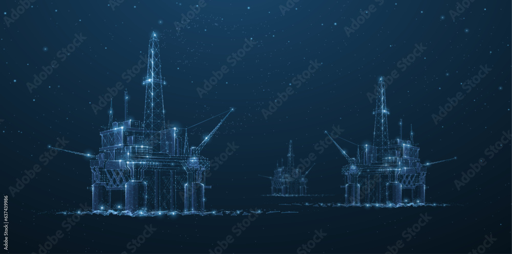 Oil rigs. Abstract 3d floating rig platforms isolated on blue. gas platform, offshore drilling, refinery plant, petroleum industry