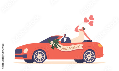 Newlyweds Drive A Decorated Car, Celebrating Their Marriage With Just Married Sign, Symbolizing Their Joyous Journey