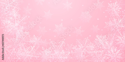 Christmas background of beautiful complex snowflakes in pink colors. Winter illustration with falling snow