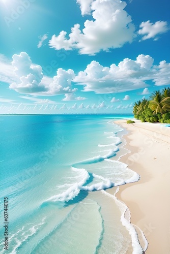 Beautiful sandy beach with white sand and rolling calm wave of turquoise ocean on Sunny day on background white clouds in blue sky.  colorful perfect panoramic natural landscape.Ai Generated. 