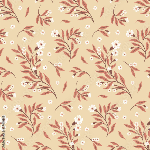 Seamless floral pattern, abstract ditsy print with autumn botany in vintage style. Botanical design, folk ornament: hand drawn branches with small flowers, large leaves on a beige background. Vector.