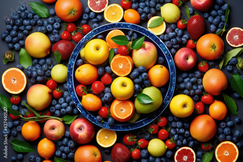 Bowl of colorful and fresh fruits, arranged in a pattern