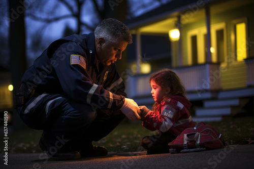 In a quiet residential street, a paramedic administers first aid to a child who has scraped their knee, symbolizing care for patients of all ages. 