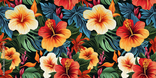 Seamless pattern with colorful Hawaiian hibiscus flowers. Concept: Bright tropical island florals