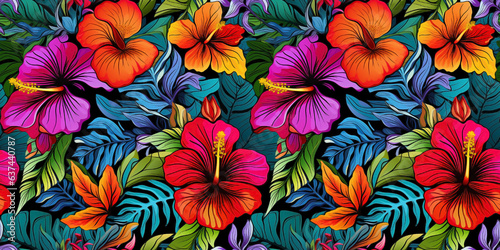 Seamless pattern with brightly colored Hawaiian style tropical hibiscus blooms. Concept: Vivid island floral elements