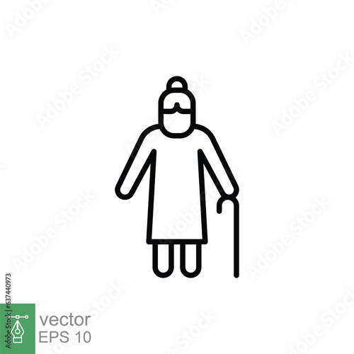 Old woman icon. Simple outline style. Person with cane, stick, elder age, lady, granny, senior people concept. Thin line symbol. Vector illustration isolated on white background. EPS 10.