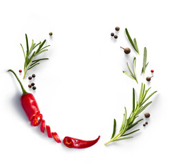 frame border Fresh green organic rosemary leaves and red hot chilli pepper isolated on white background. Transparent background and natural transparent shadow; Ingredient, spice for cooking. collectio