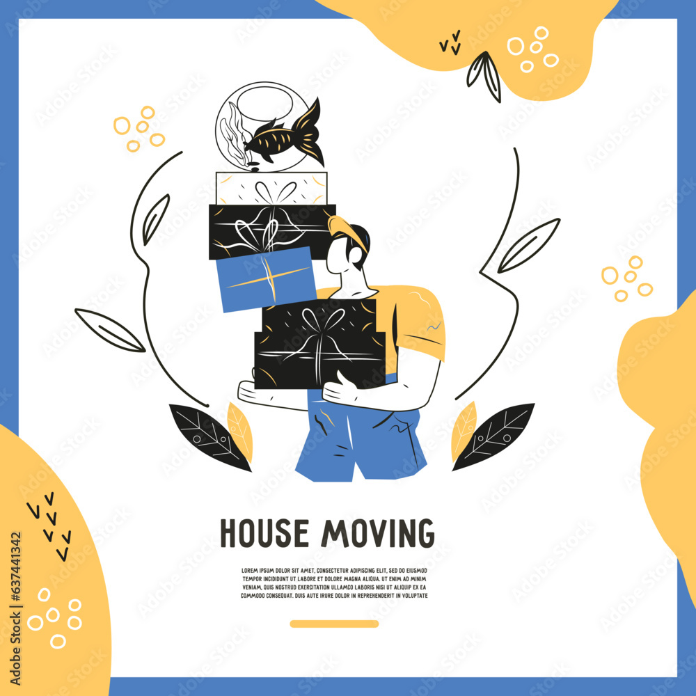 House moving transportation service banner or flyer design, minimalist trendy graphic cartoon vector illustration on white background. Porter or loader man assists in house moving.