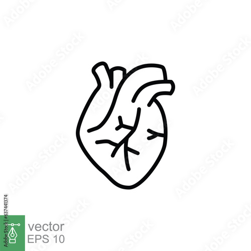 Human heart icon. Simple outline style. Internal organ, real, cardiology, cardiac anatomy, medical concept. Thin line symbol. Vector illustration isolated on white background. EPS 10.