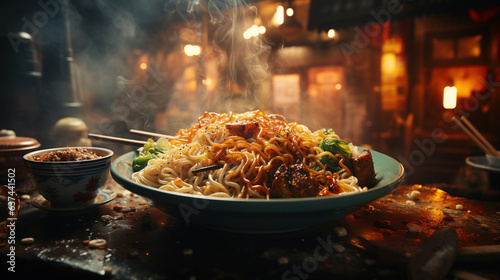 Close-up of a big, juicy, messy plate of spicy, hot noodle meal in an Asian restaurant