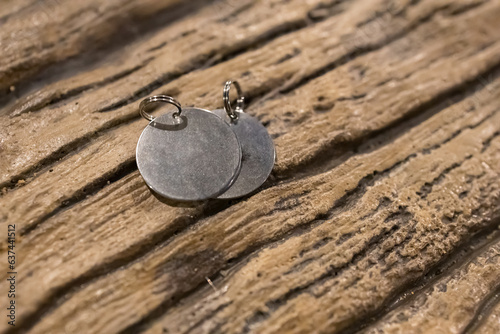Blank military dog tags on abandoned metal plate.