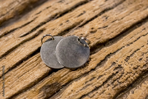 Blank military dog tags on abandoned metal plate.
