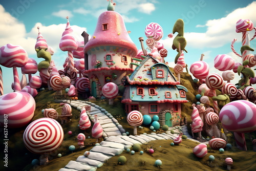 Dessert sweets city. Sweet caramel fairy house. Illustration in cartoon style. Picture for children © Canvas Alchemy