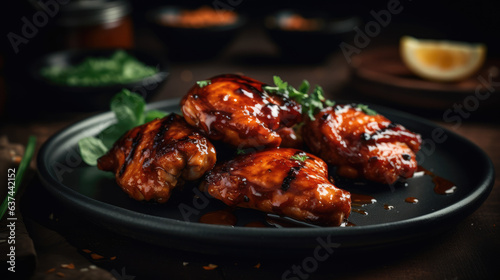 Grilled sticky chicken wings on plate over dark background. Buffalo chicken wings with sauce. Close up view.